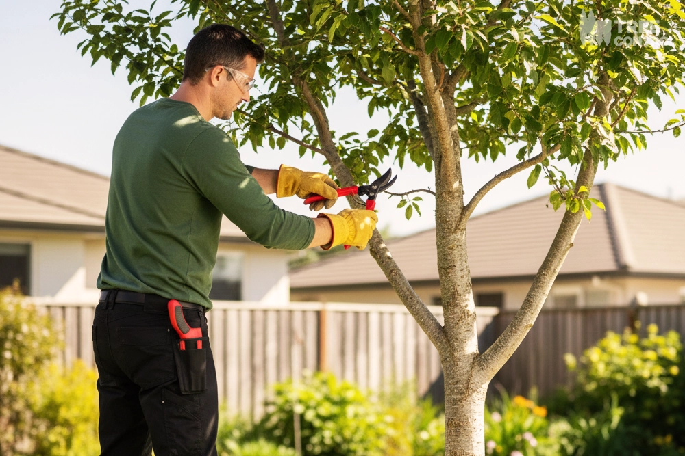 Homeowner wears safety glasses and gloves as he uses hand pruners to trim a small branch on a young tree in a backyard garden.